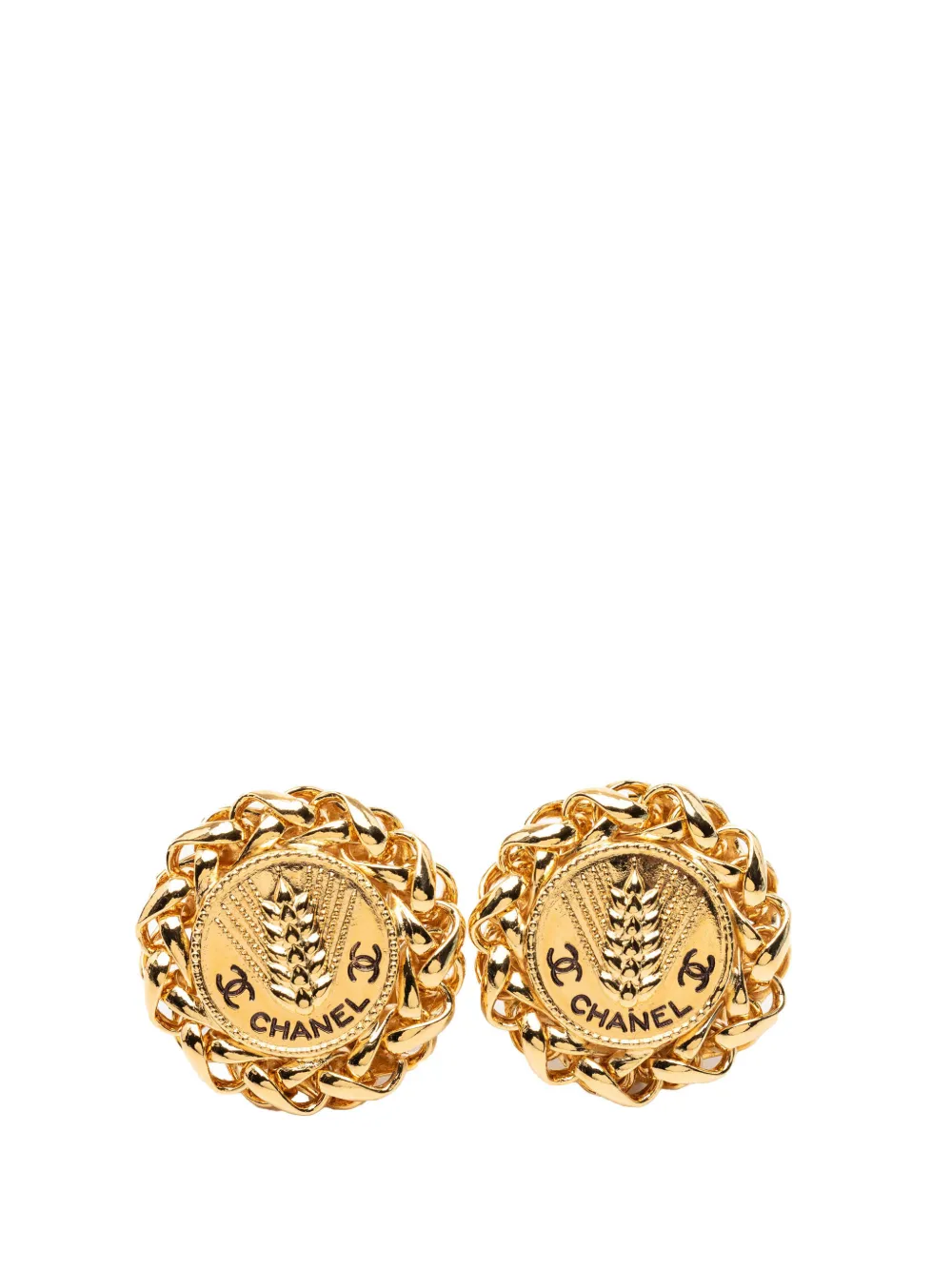 CHANEL Pre-Owned 1950-1970 CC Gold Plated Wheat Medallion Clip On Earrings costume earrings - Oro