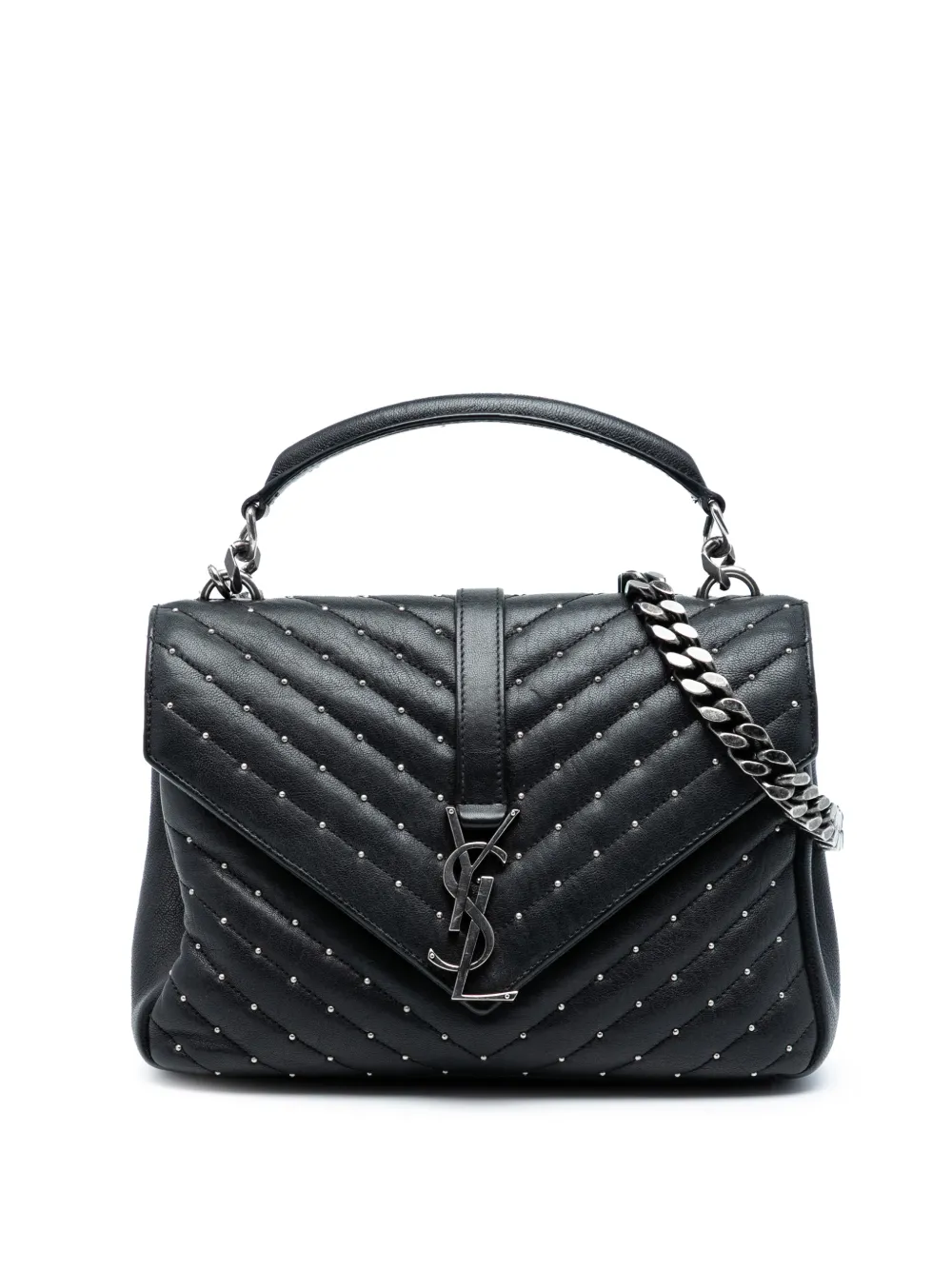Saint Laurent Pre-Owned 2016 Medium Quilted Chevron Studded Sheepskin College satchel - Nero