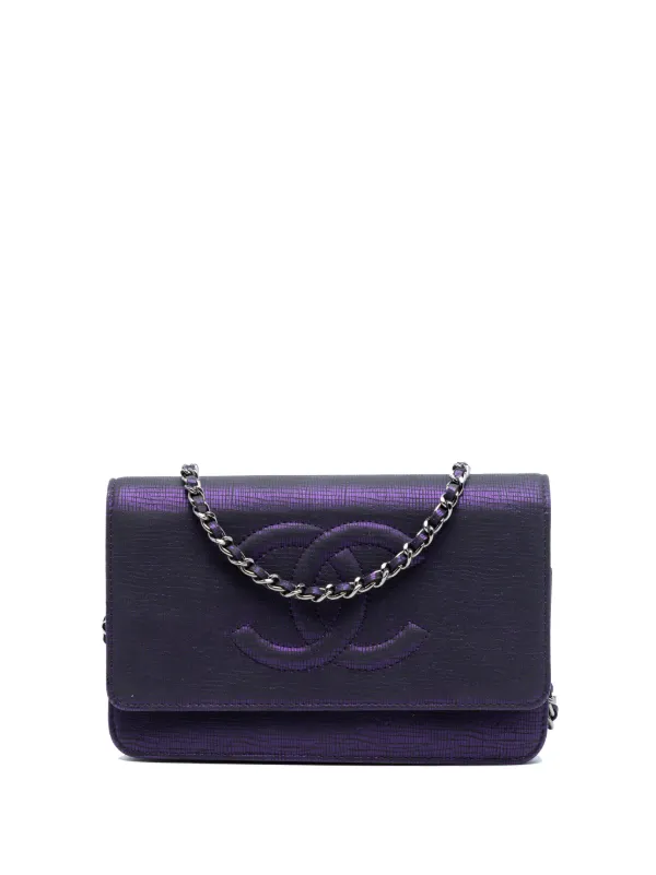Chanel Pre-owned 2013-2014 CC Metallic Crackling Lizard Printed Leather Wallet on Chain Crossbody Bag in Purple