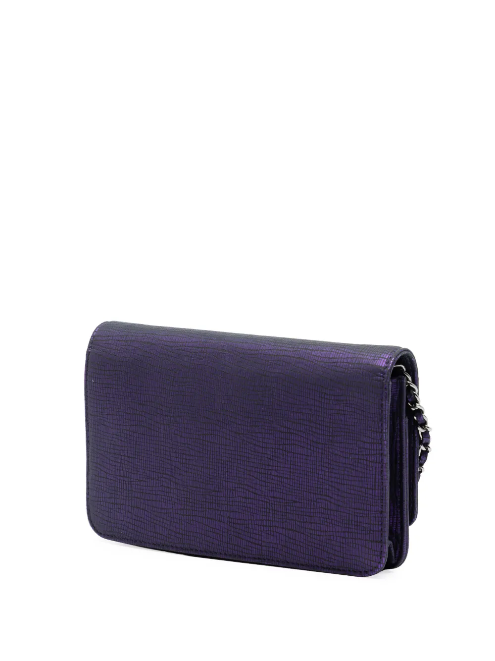 Chanel Pre-owned 2013-2014 CC Metallic Crackling Lizard Printed Leather Wallet on Chain Crossbody Bag in Purple, view 3