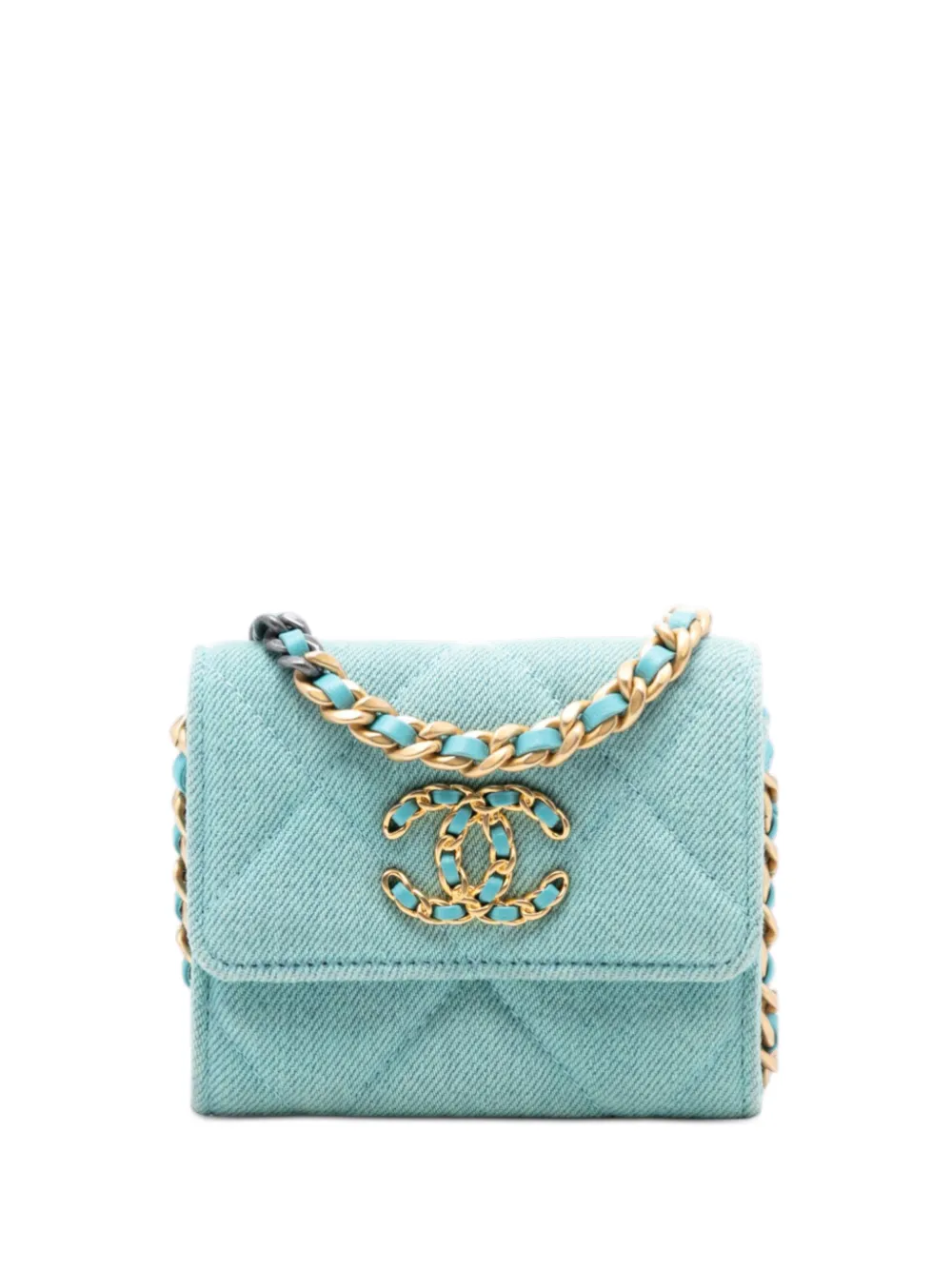 CHANEL Pre-Owned 2021 Quilted Denim 19 Card Holder with Chain crossbody bag - Blue