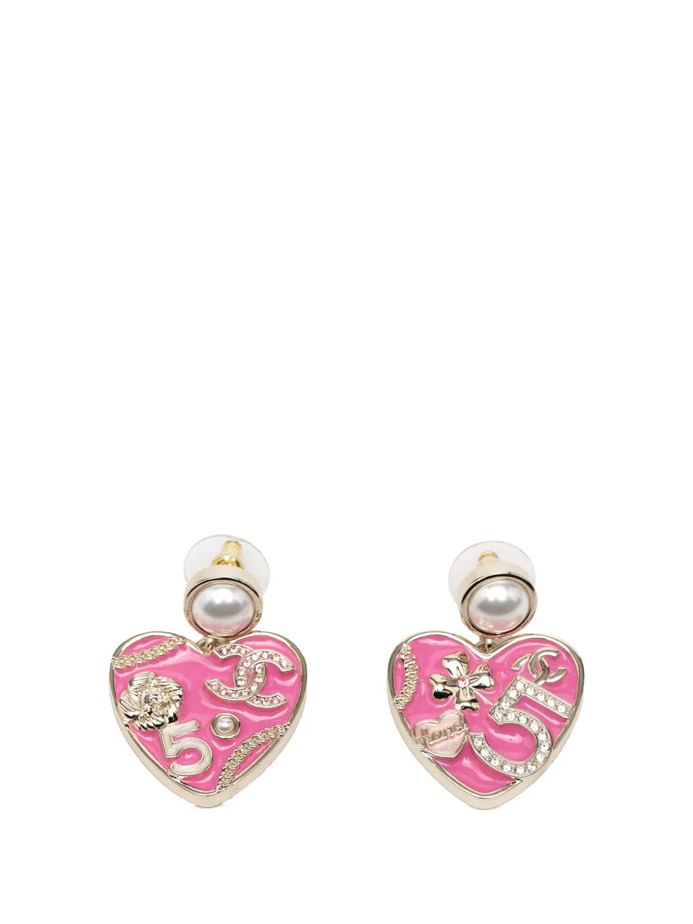 CHANEL Pre-Owned 2024 CC Gold Plated Enamel Faux Pearl Heart Drop Push Back Earrings costume earrings - Oro