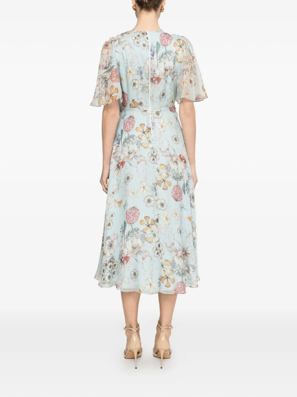 NISSA ZIjden midi-jurk met bloemen-print Blauw