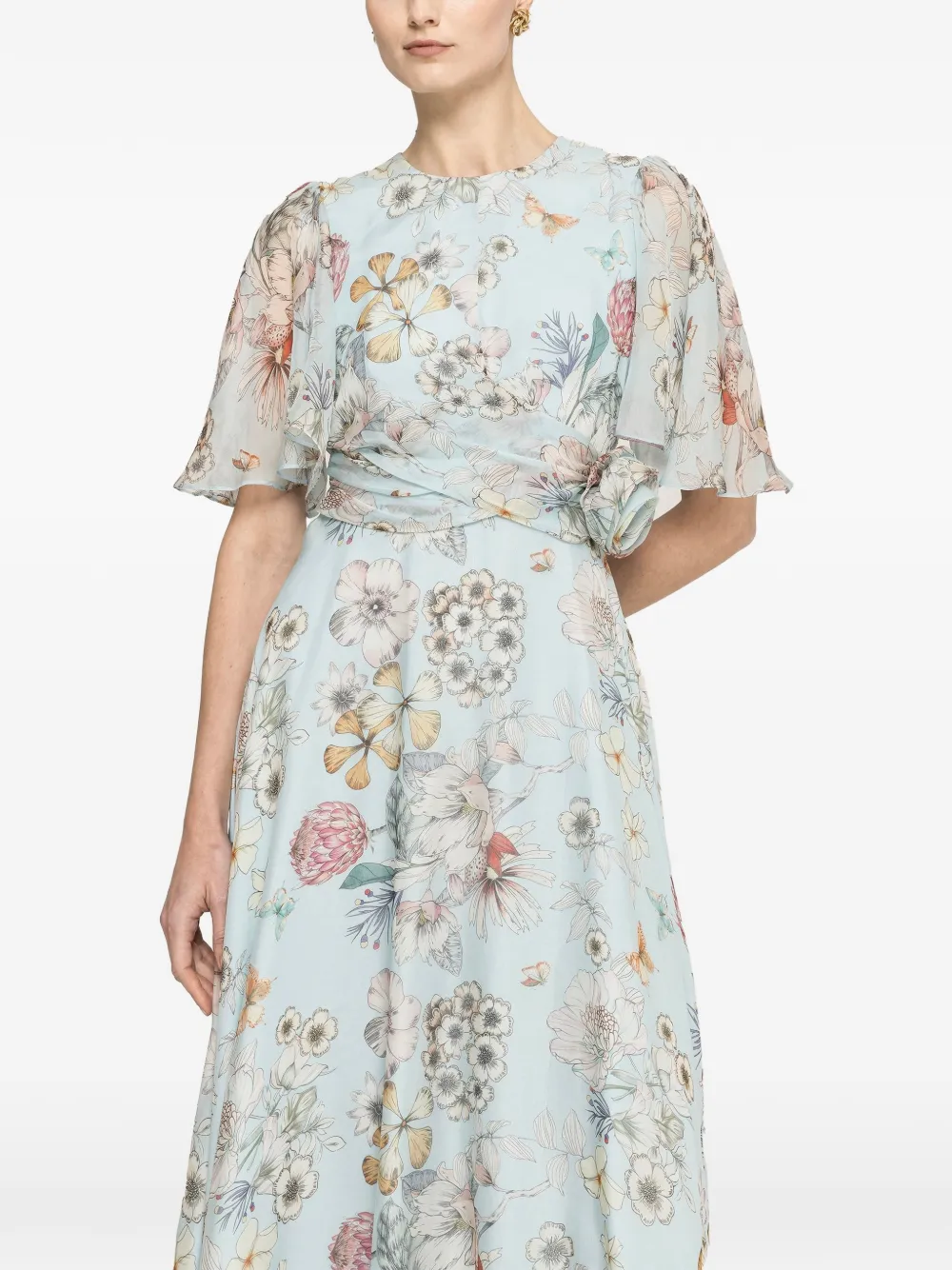 NISSA ZIjden midi-jurk met bloemen-print Blauw