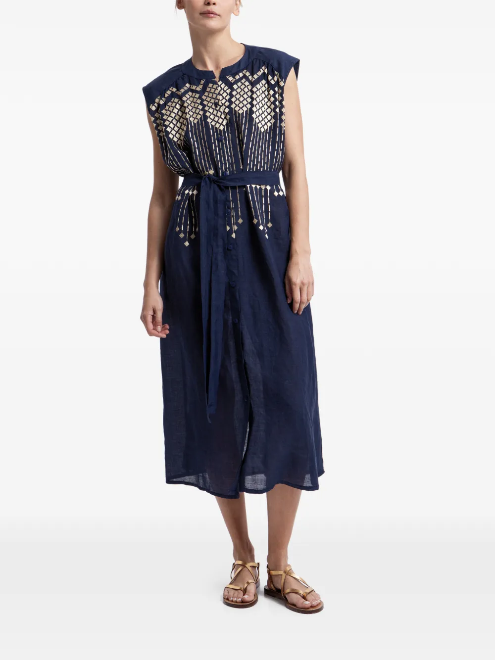 GREEK ARCHAIC KORI embroidered belted dress - Blu