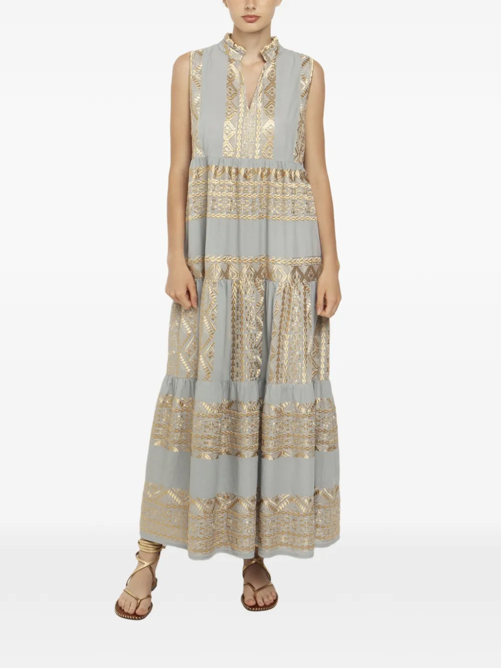 GREEK ARCHAIC KORI embroidered tiered maxi dress - Grigio