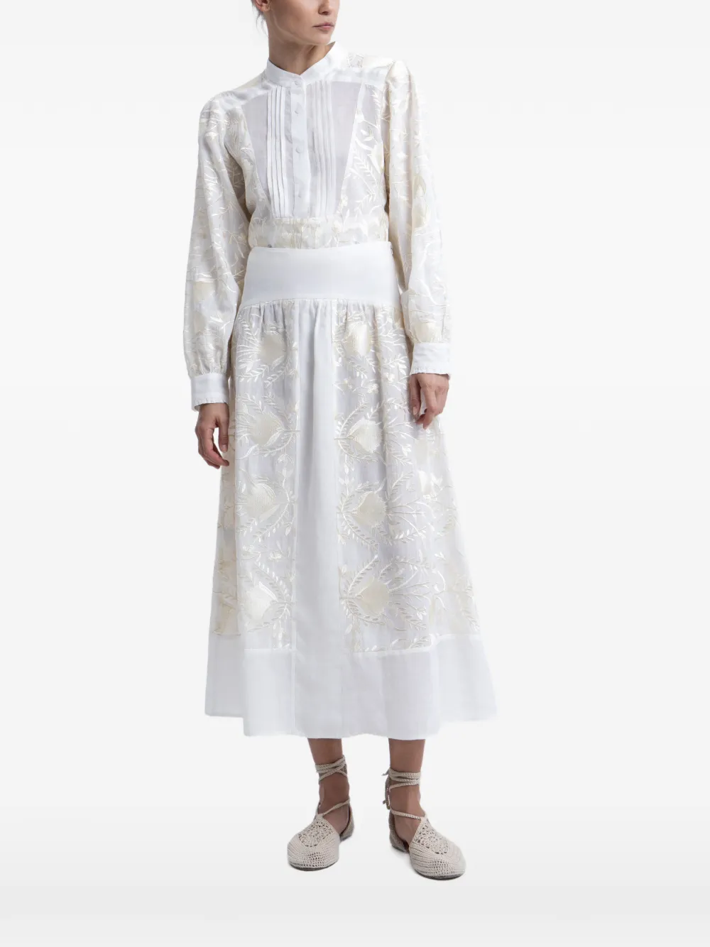 GREEK ARCHAIC KORI feather-embroidered a-line skirt - Bianco