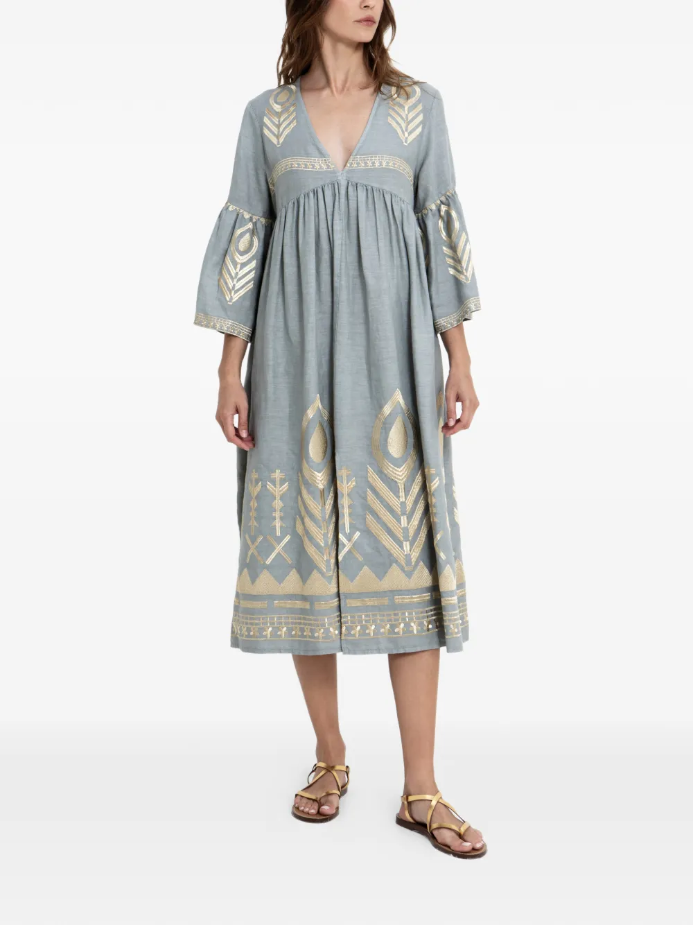 GREEK ARCHAIC KORI embroidered bell-sleeve dress - Blu