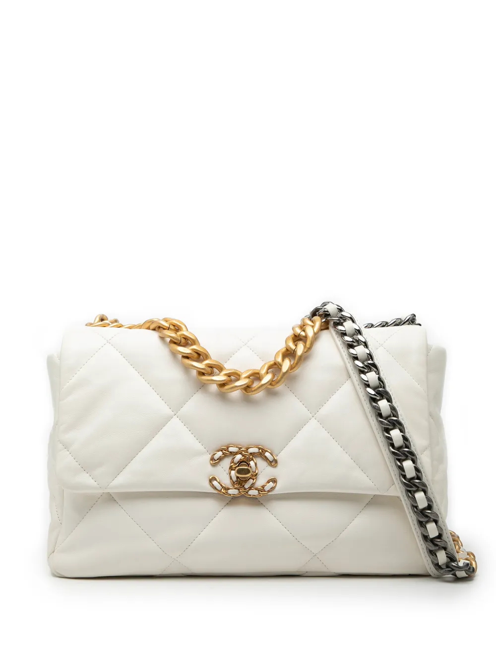 CHANEL Pre-Owned 2021-2025 Large Lambskin 19 Flap satchel - Bianco