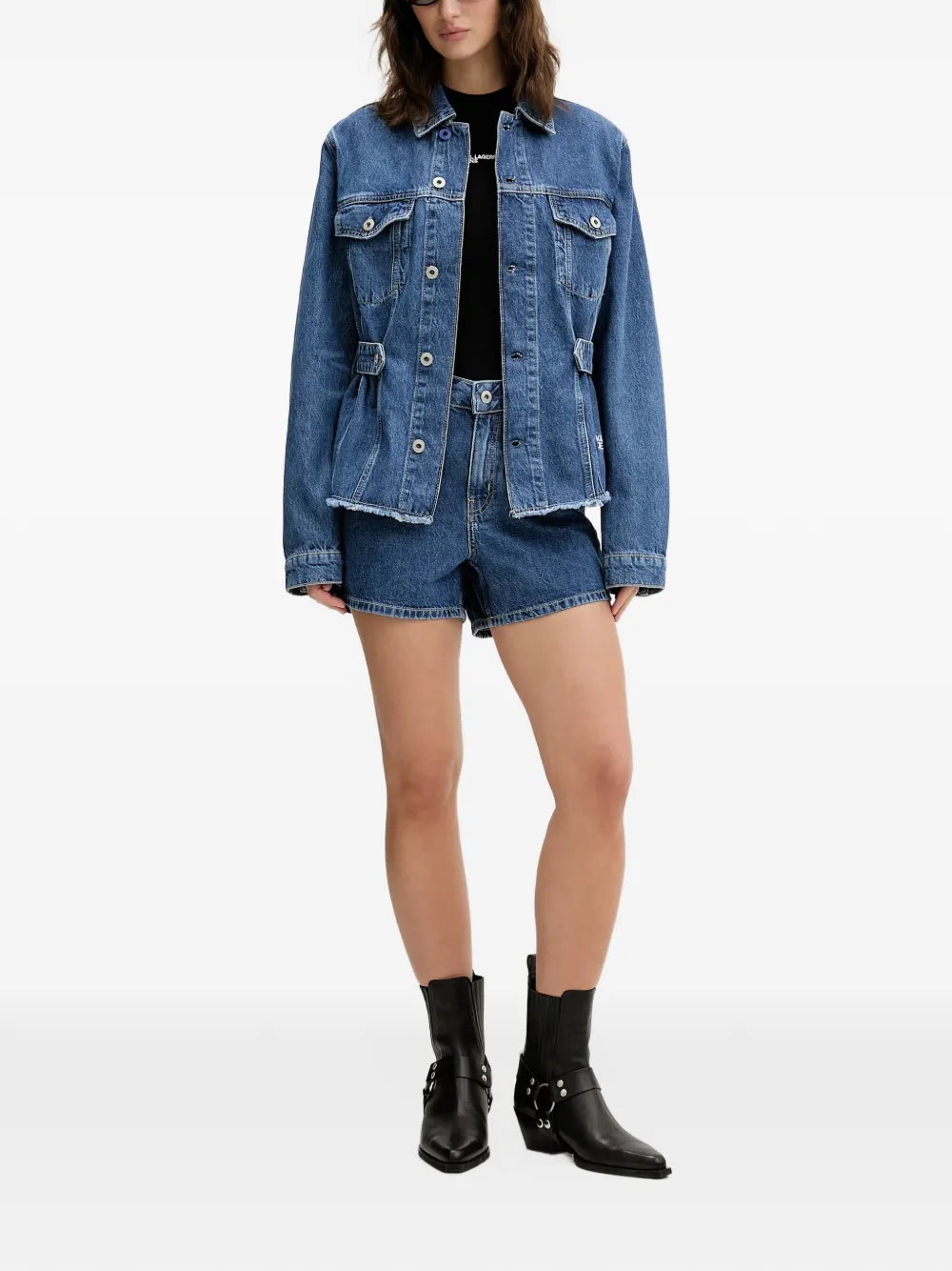 Karl Lagerfeld Jeans belted raw-cut denim jacket Blauw