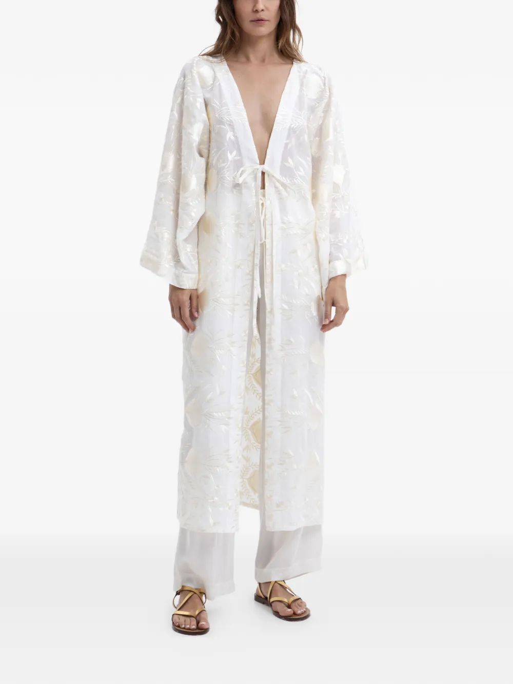 GREEK ARCHAIC KORI embroidered tie-fastening kaftan - Weiß
