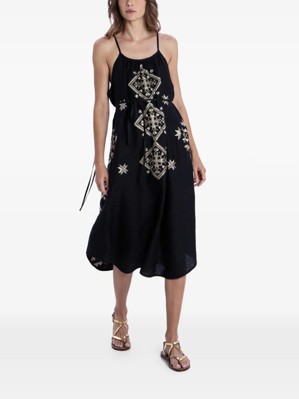 GREEK ARCHAIC KORI embroidered belted dress - Nero