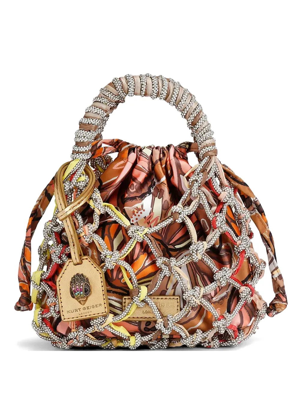 Kurt Geiger London crystal-embellished net-effect bucket bag - Marrone