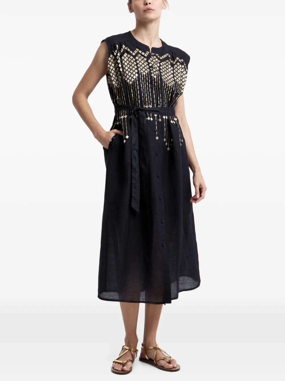 GREEK ARCHAIC KORI embroidered belted dress - Black