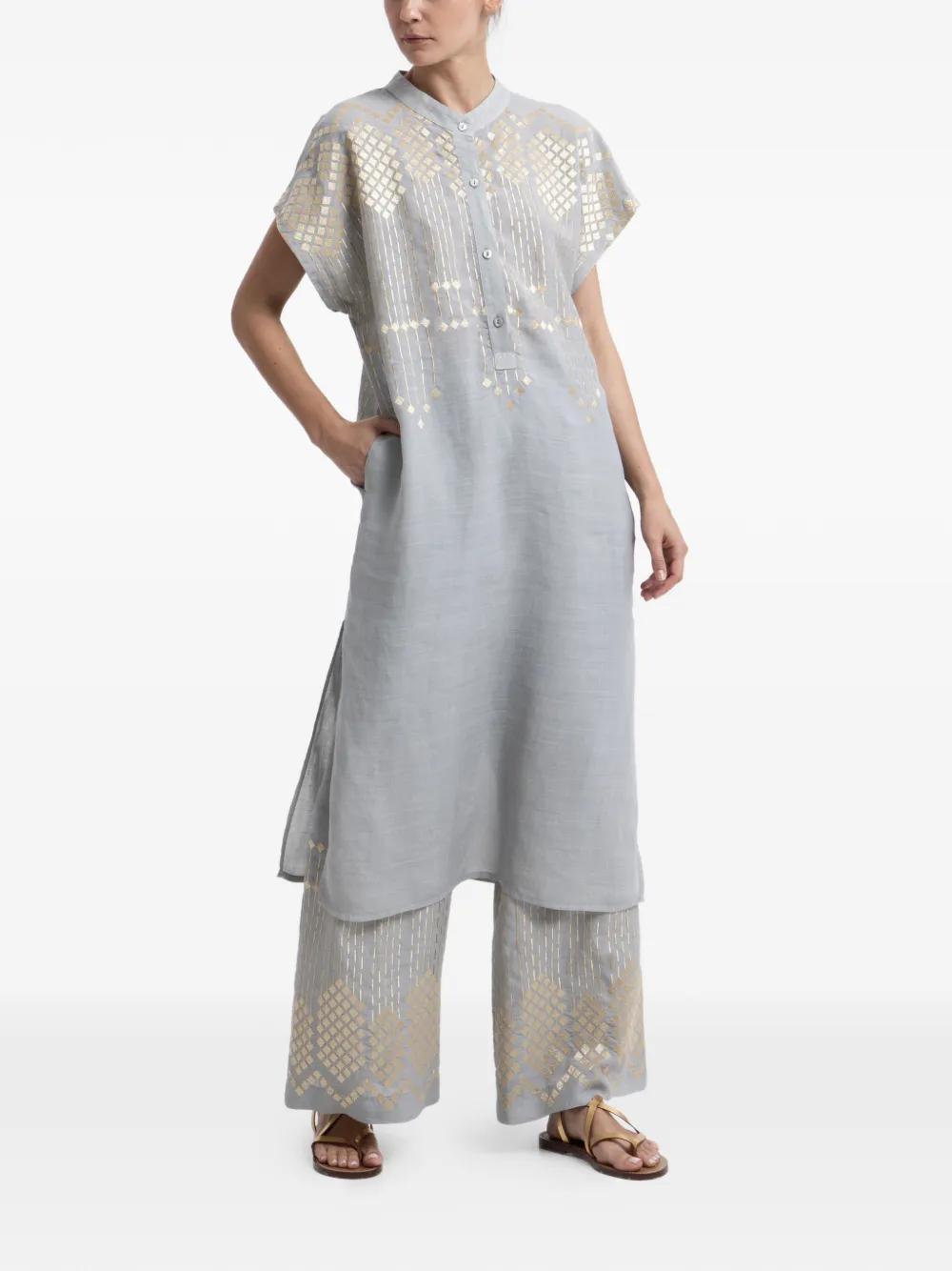 GREEK ARCHAIC KORI embroidered mandarin-collar dress - Grigio