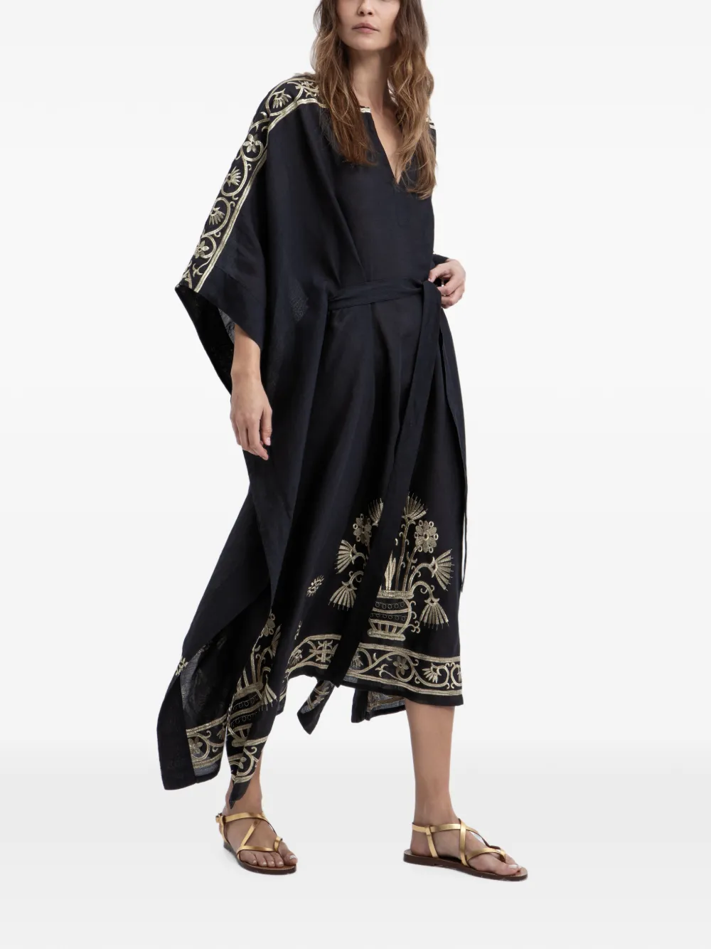 GREEK ARCHAIC KORI embroidered belted midi dress - Black