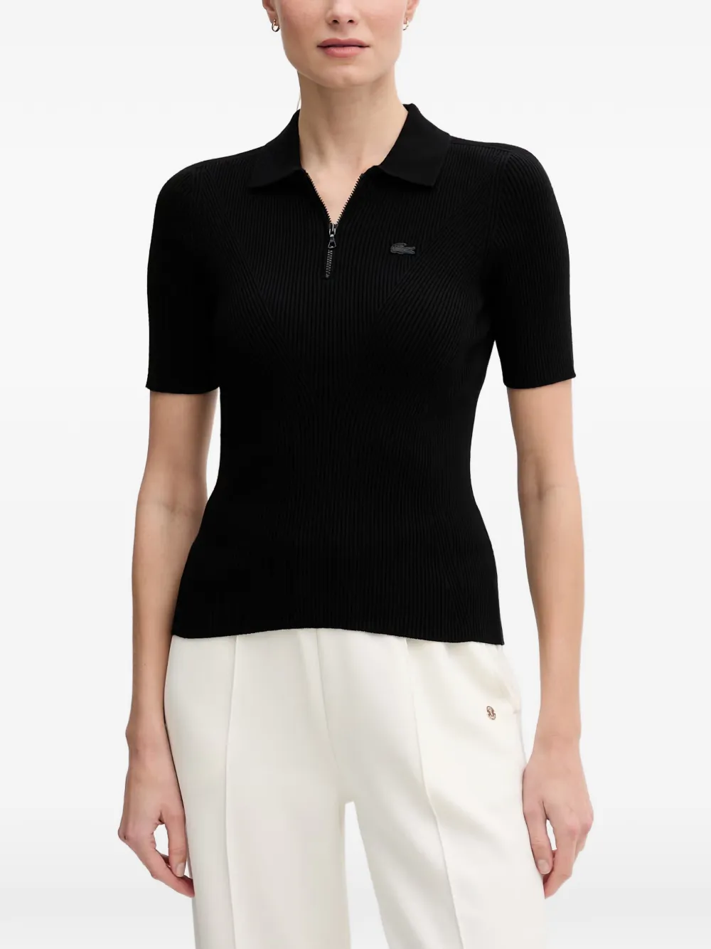 Lacoste ribbed-knit zip-up polo top - Nero