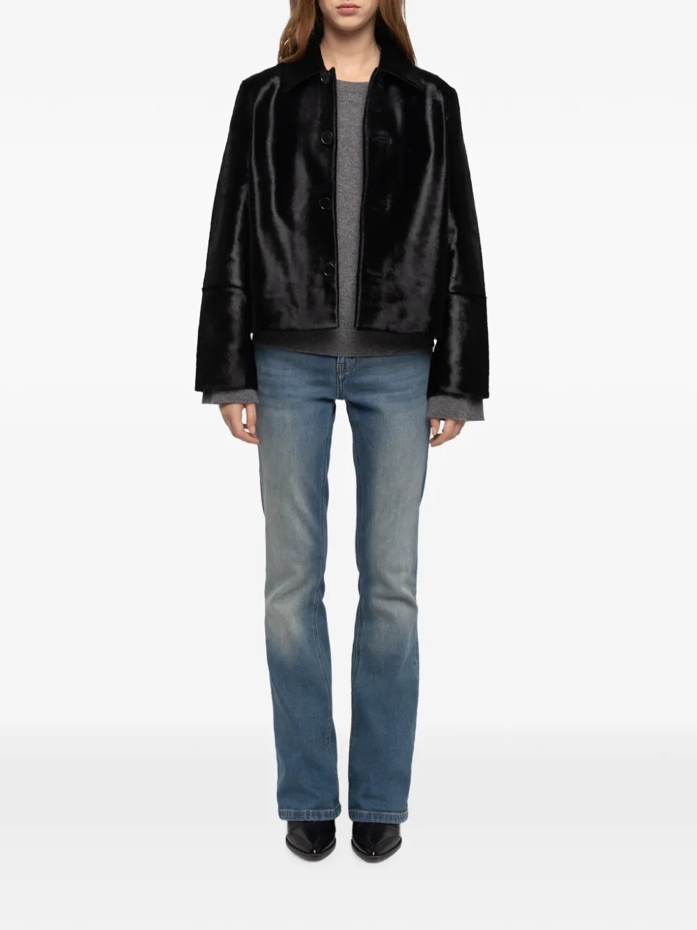 Zadig&Voltaire Lessa cropped leren jack met pony-effect en knopen Zwart