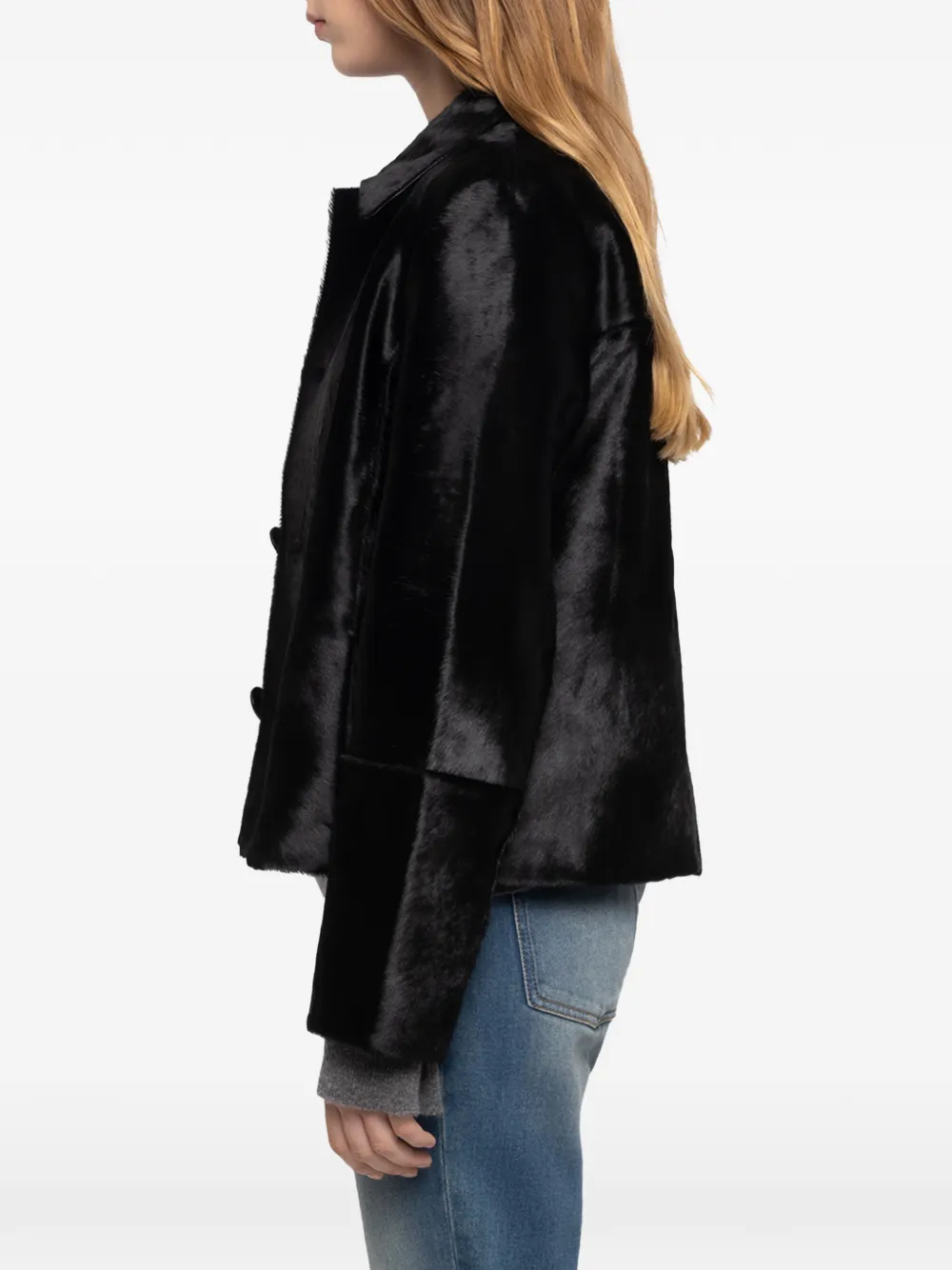 Zadig&Voltaire Lessa cropped leren jack met pony-effect en knopen Zwart