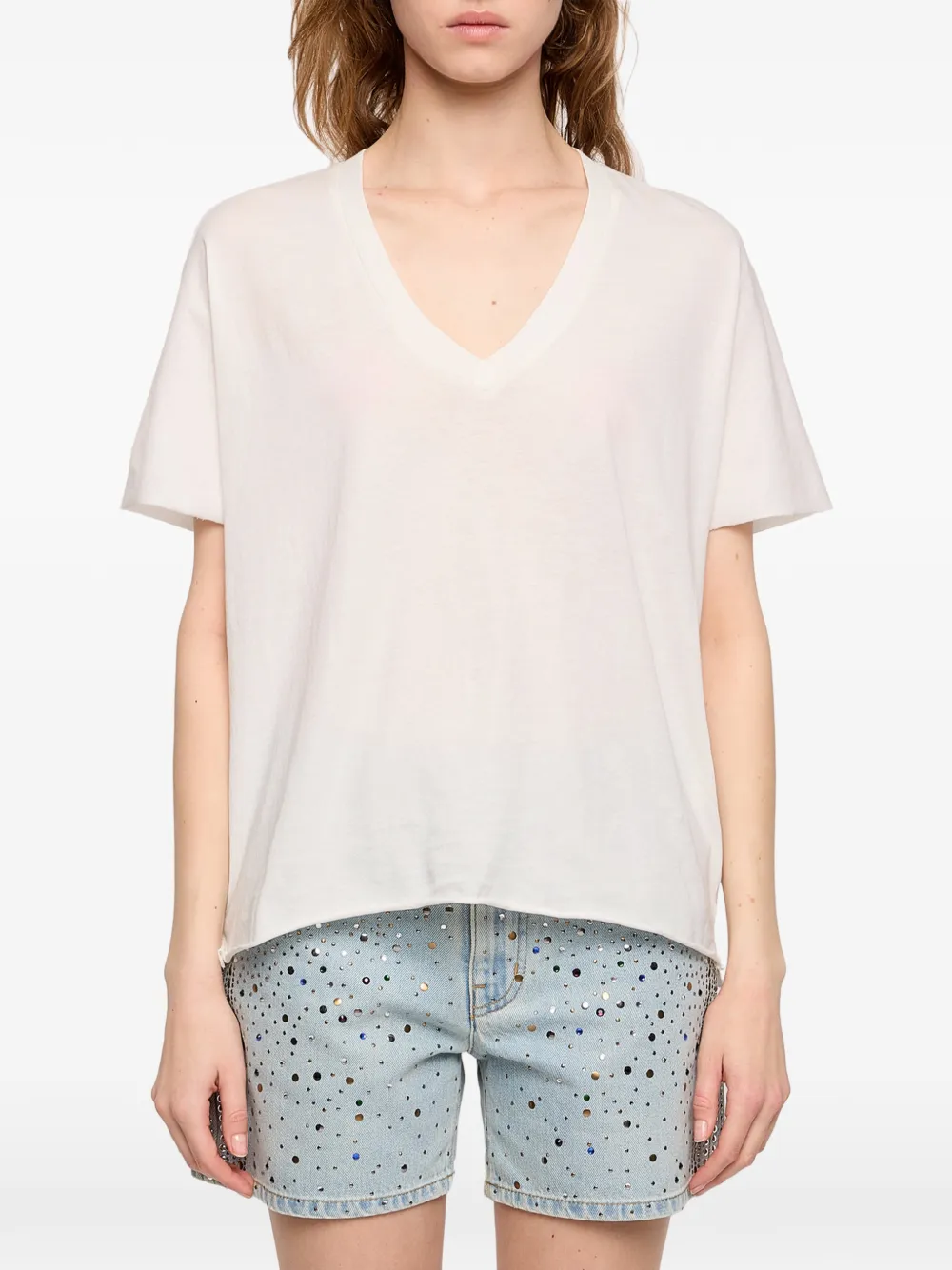 Zadig&Voltaire Tommer T-shirt met doodskop van kant en V-hals Beige