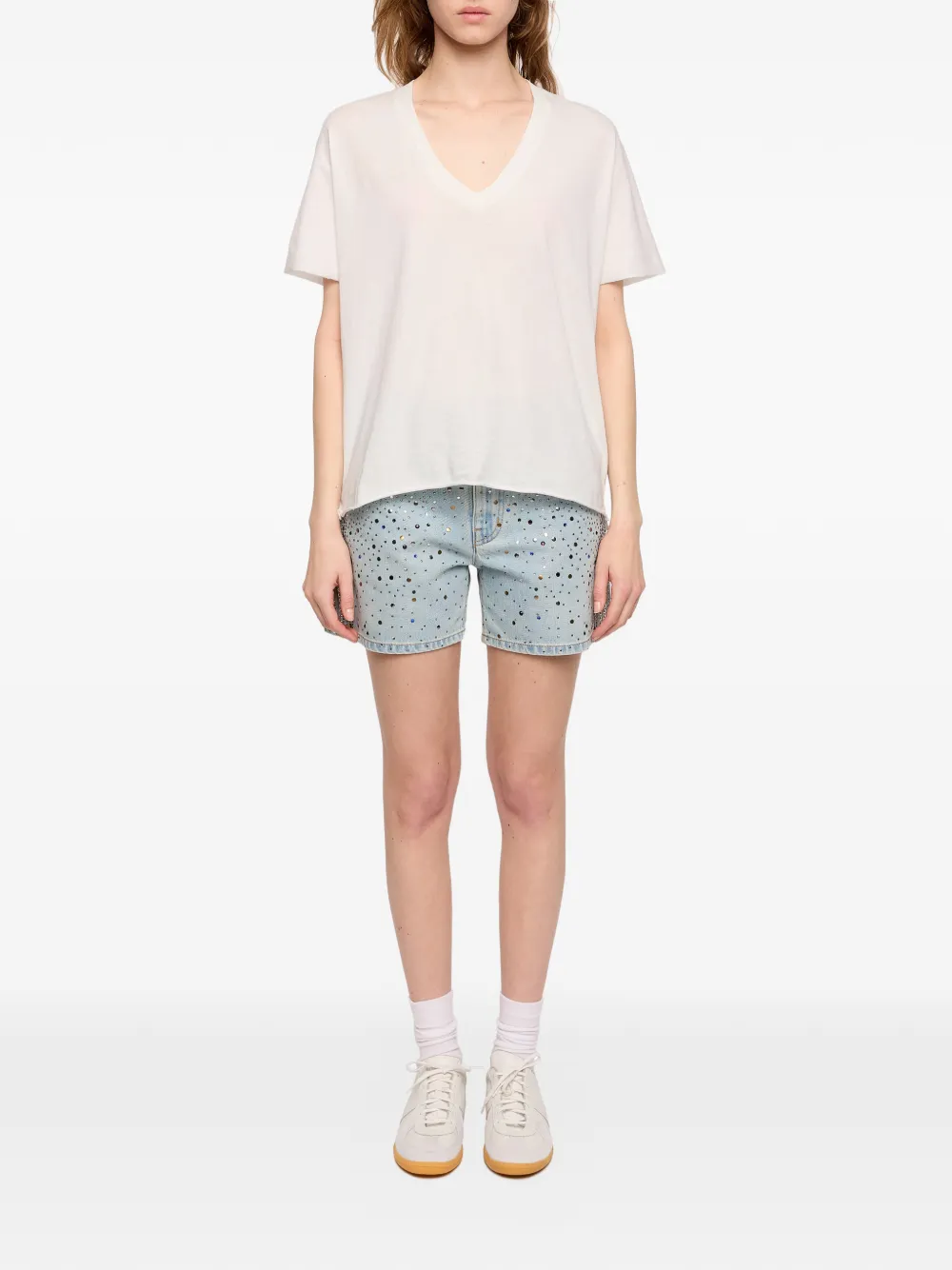 Zadig&Voltaire Tommer T-shirt met doodskop van kant en V-hals Beige