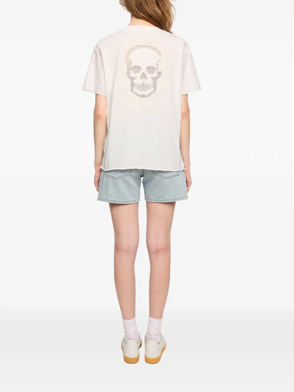Zadig&Voltaire Tommer T-shirt met doodskop van kant en V-hals Beige