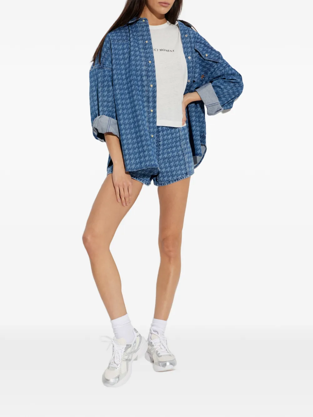Perfect Moment Denim shorts met pied-de-poule print Blauw
