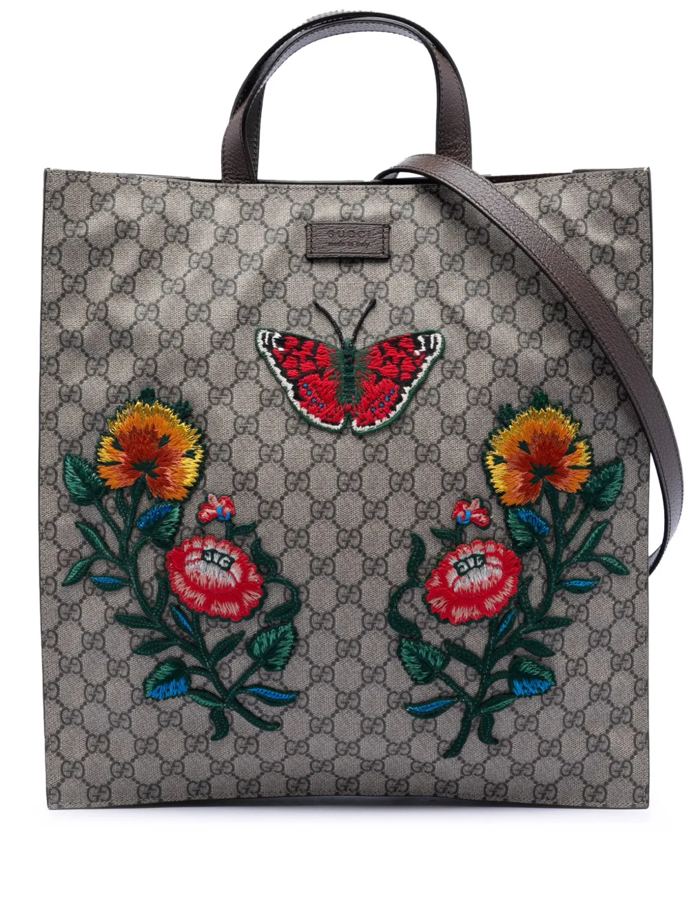 Gucci Pre-Owned 2016-2025 GG Supreme Butterfly and Flower Embroidery Convertible Soft Tote satchel - Toni neutri