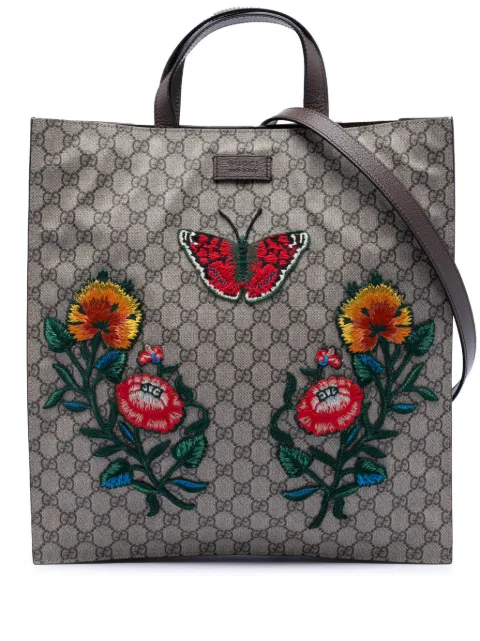 Gucci Pre-Owned 2016-2025 GG Supreme Butterfly and Flower Embroidery Convertible Soft Tote satchel