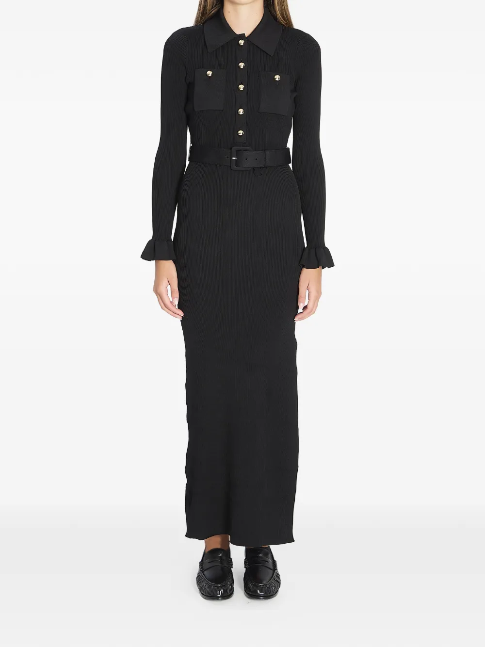 Self-Portrait ribbed frill maxi dress - Black