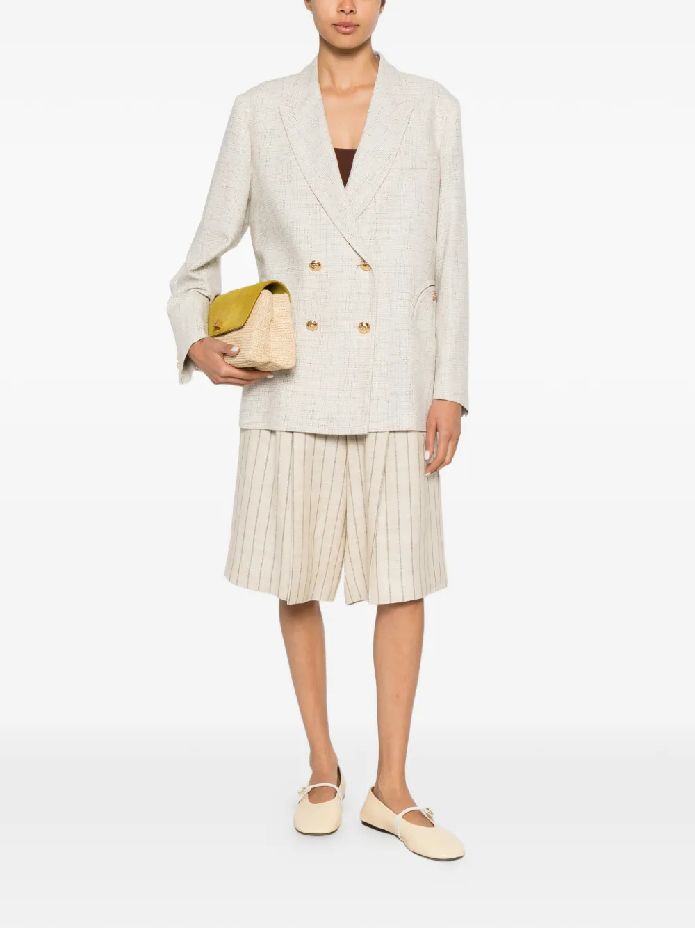 BLAZÉ Milano Serene Husul Striped Pleated Shorts in Neutrals, view 2