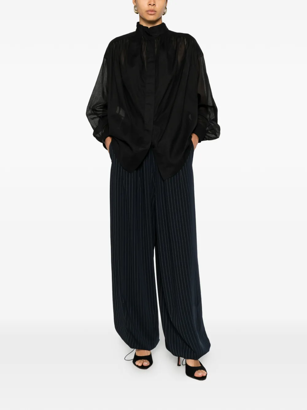 THE ANDAMANE Rania gesmockte semi-doorzichtige blouse Zwart