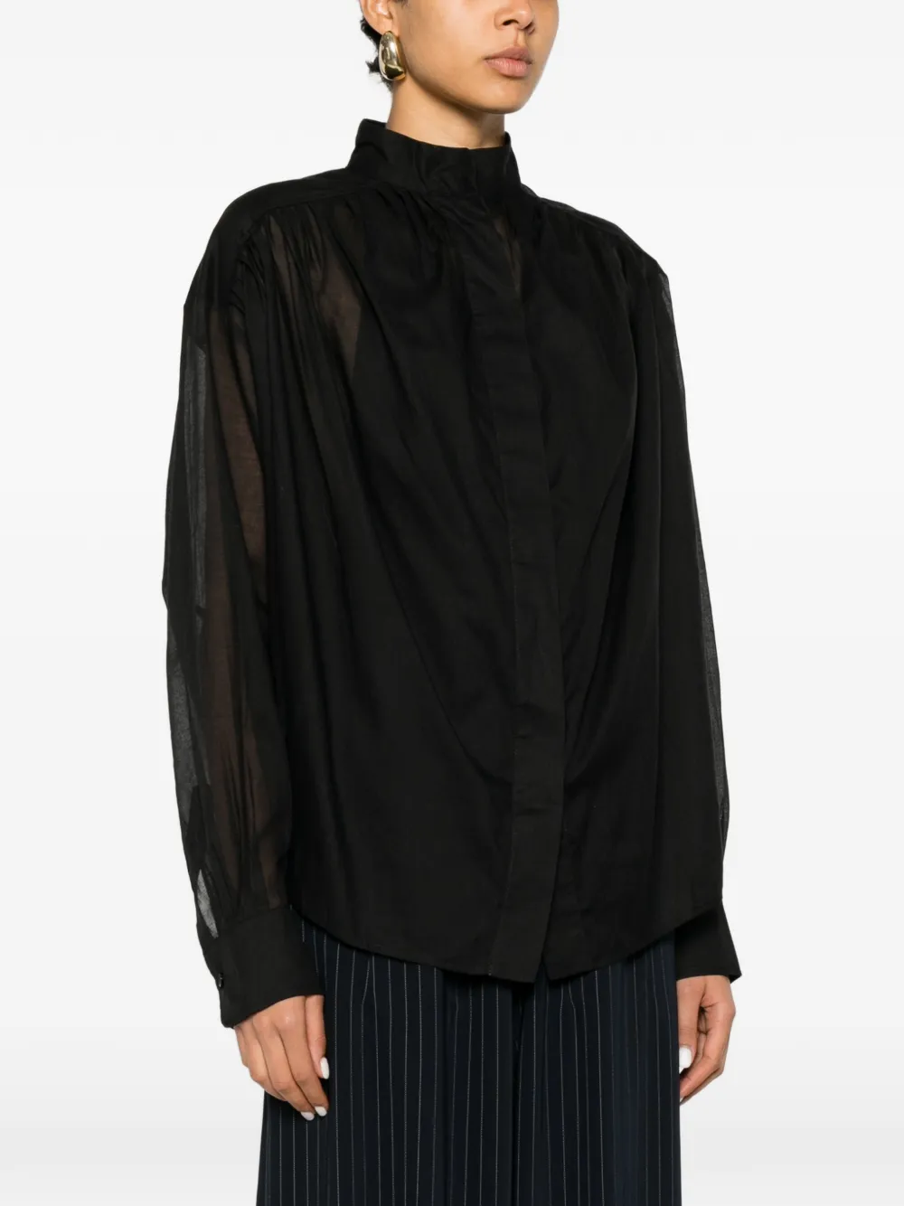 THE ANDAMANE Rania gesmockte semi-doorzichtige blouse Zwart