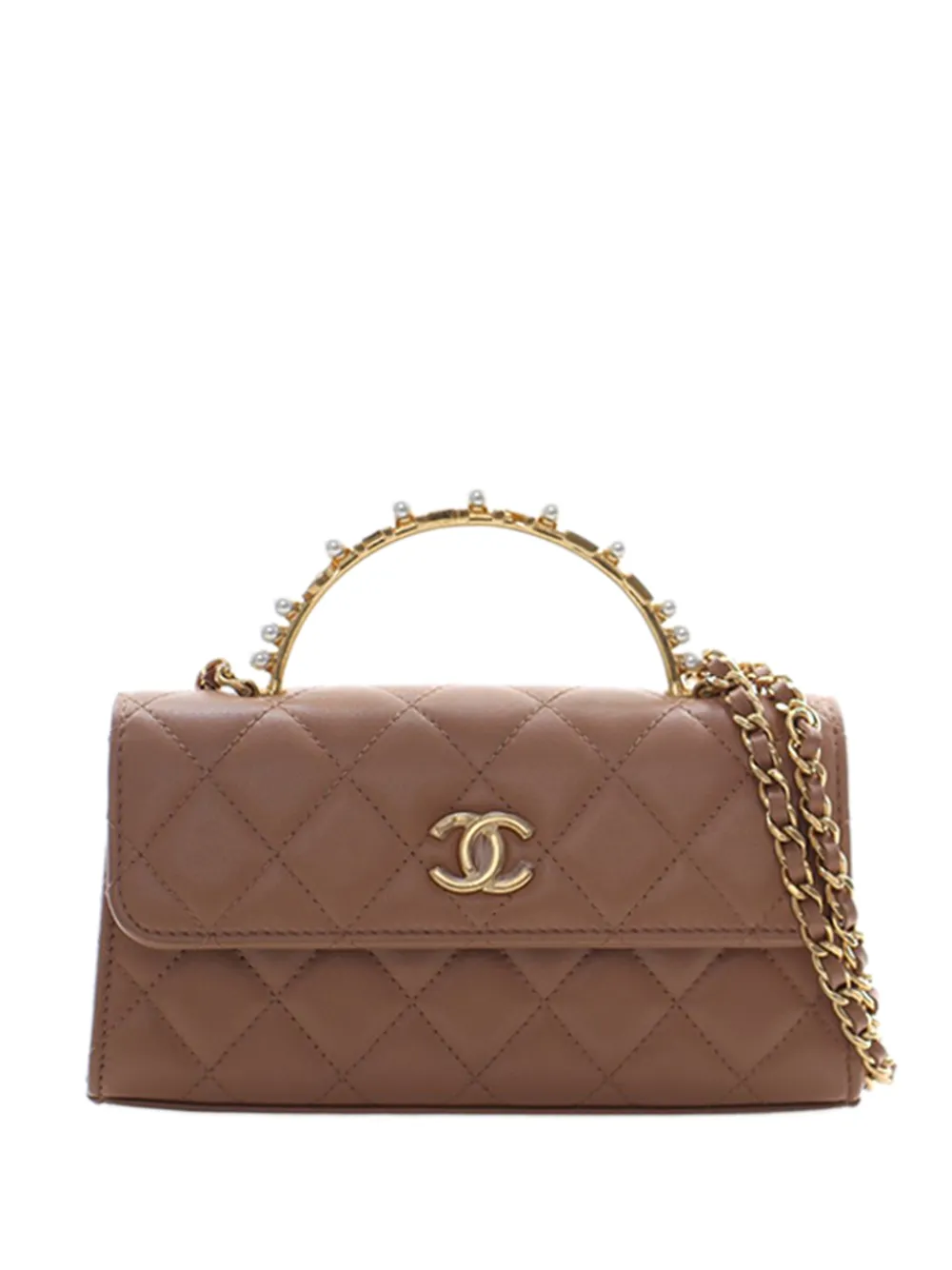 CHANEL Pre-Owned 2021-2025 CC Quilted Lambskin Faux Pearl Top Handle Phone Holder with Chain satchel - Marrone