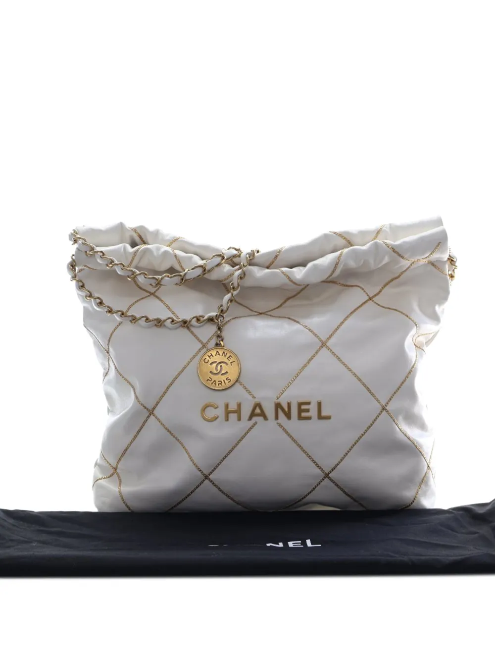  Chanel Pre-owned Petit Sac Cabas 22 En Cuir De Veau Matelassé Brillant Avec Chaîne (2021-2025) - Blanc 