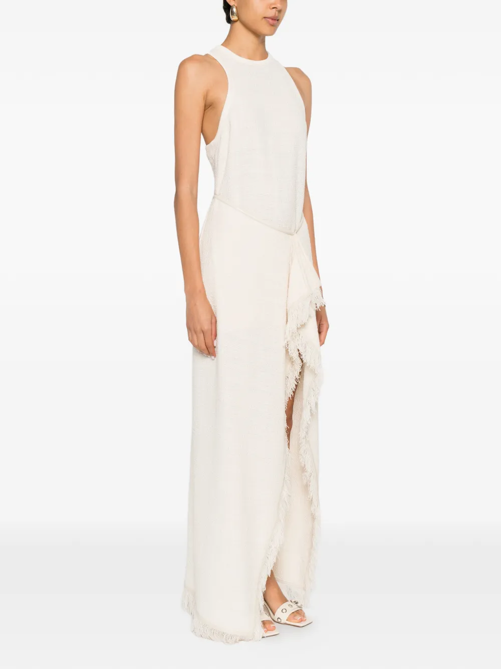 Nanushka Rayen gedrapeerde midi-jurk met franje Beige
