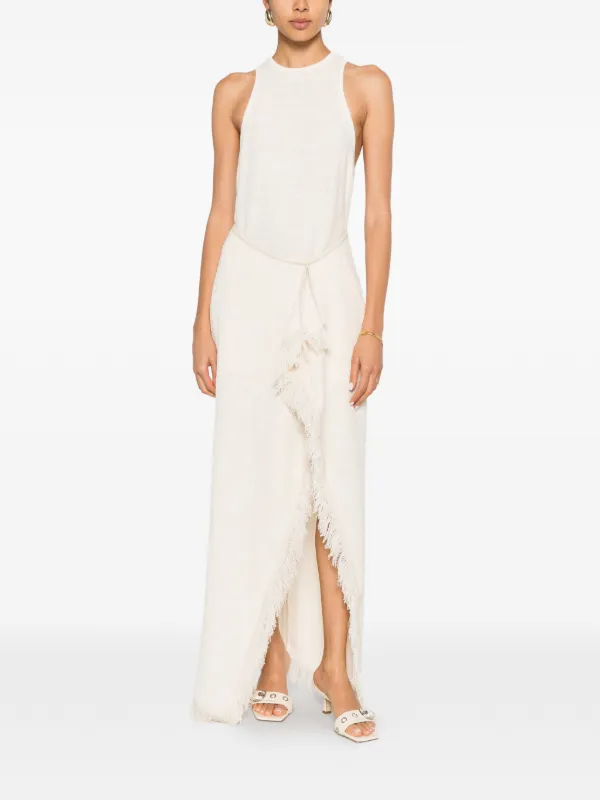 nanushka halter dress Rayen Frayed Draped Midi | Neutrals derby26