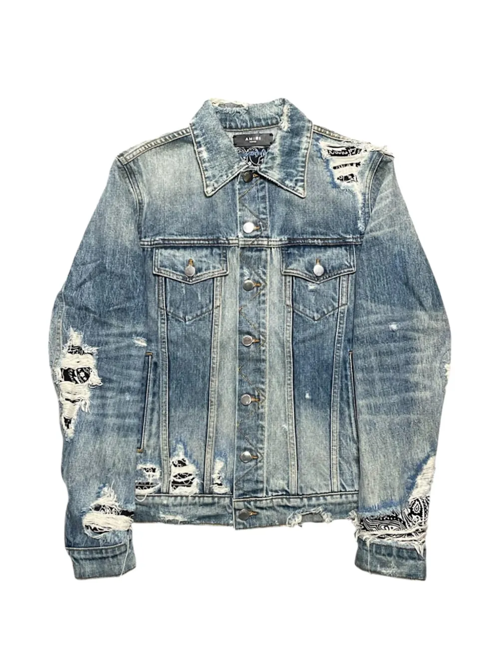 AMIRI bandana-print distressed denim jacket - Blu