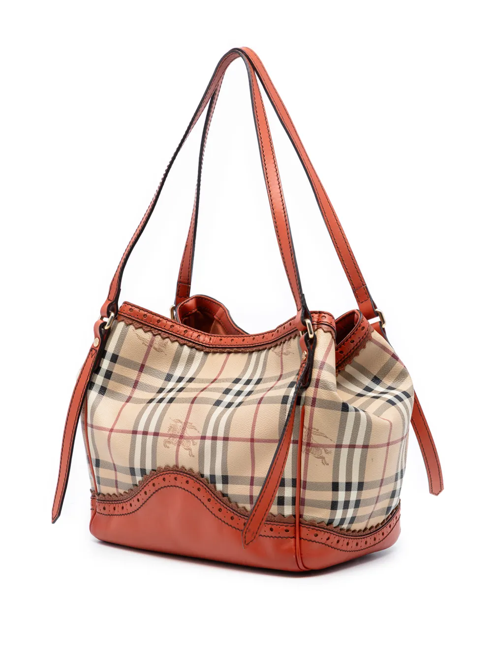  Burberry Pre-owned Petit Sac Cabas En Toile Enduite Haymarket Check à Perforations Et Pompons (2000-2017) - Orange 