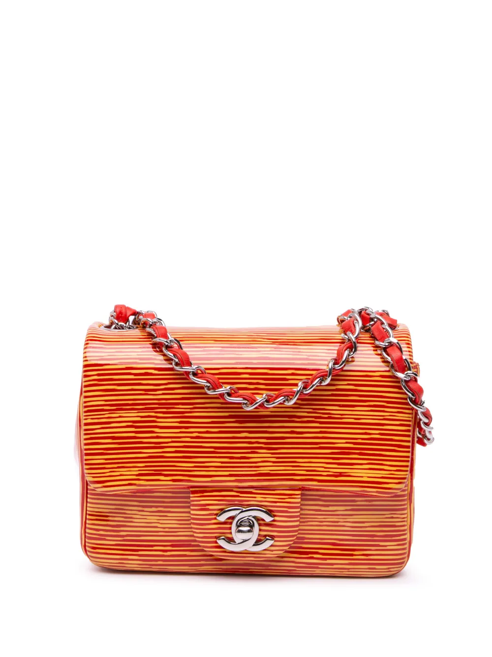 CHANEL Pre-Owned 2013-2014 Mini Square Classic Patent Striped Single Flap crossbody bag - Arancione
