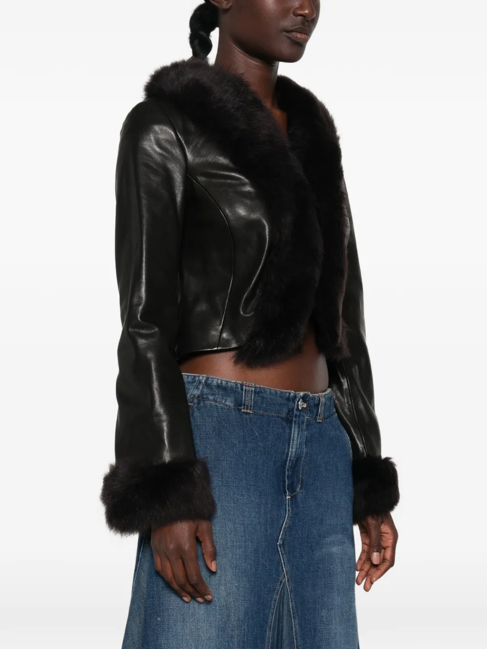 Nour Hammour Sofie Fur-trimmed Leather Jacket in Black, view 3