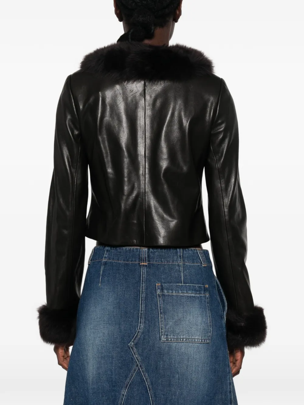 Nour Hammour Sofie Fur-trimmed Leather Jacket in Black, view 4