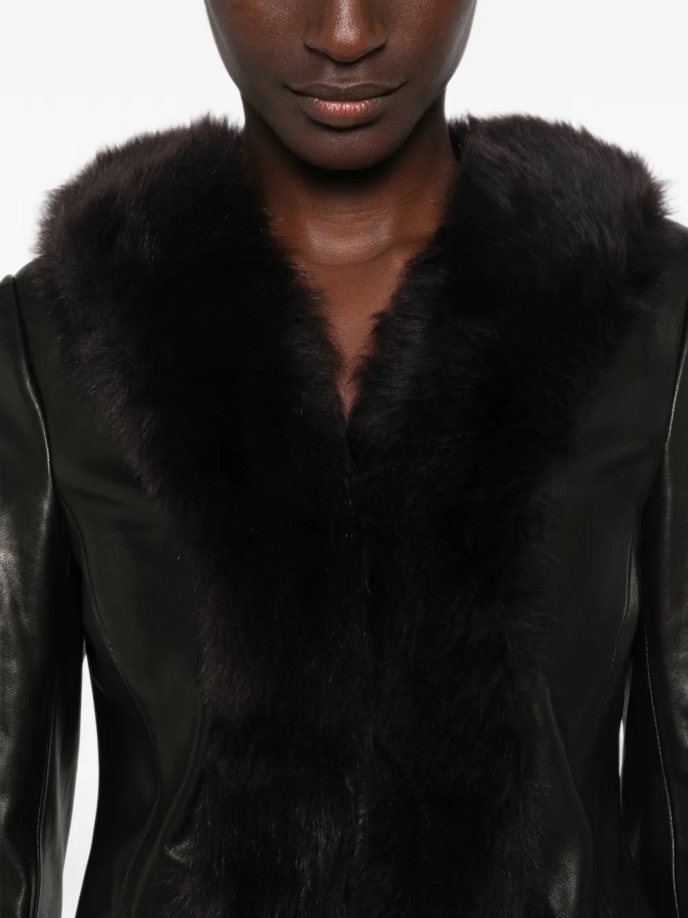 Nour Hammour Sofie Fur-trimmed Leather Jacket in Black, view 5