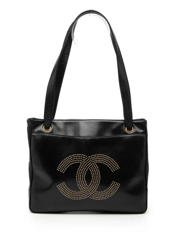 Chanel Pre-owned 1991-1994 Lambskin CC Studded Logo Tote Shoulder Bag in Black