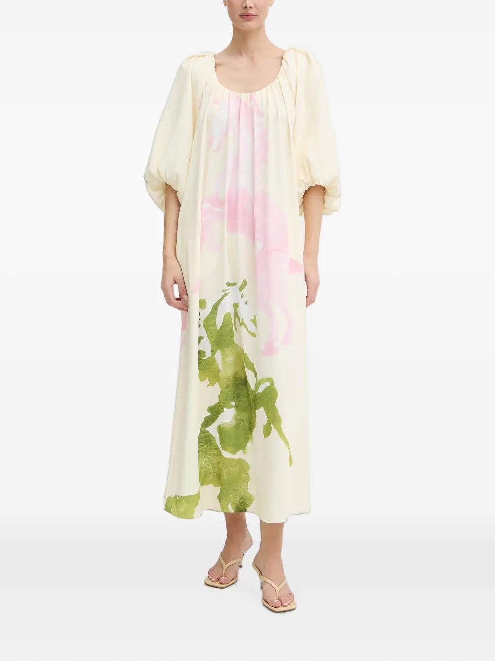 Stine Goya horse-print puff-sleeve maxi dress - Toni neutri