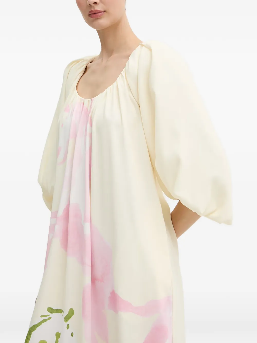 Stine Goya Maxi-jurk met pofmouwen en paardenprint Beige