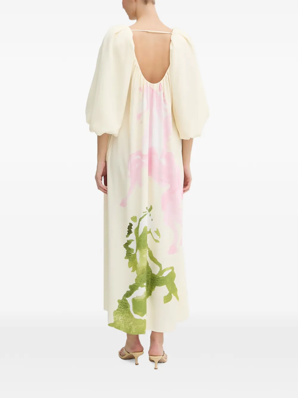 Stine Goya Maxi-jurk met pofmouwen en paardenprint Beige