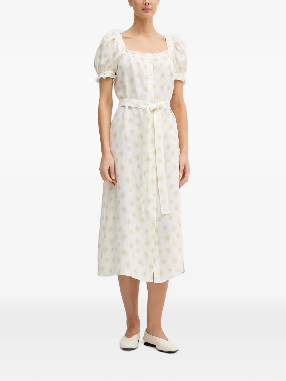 Sleeper Brigitte daisy-print belted linen midi dress Wit