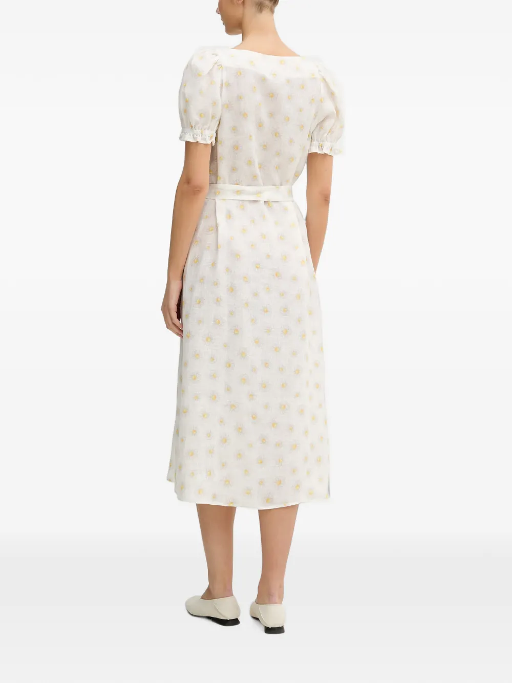 Sleeper Brigitte daisy-print belted linen midi dress Wit
