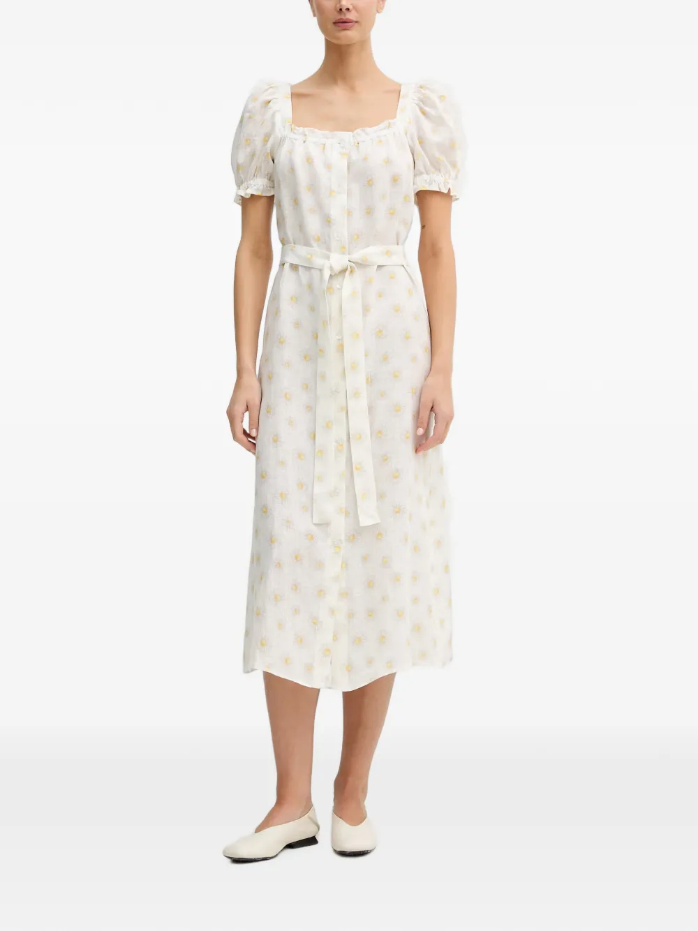 Sleeper Brigitte daisy-print belted linen midi dress Wit
